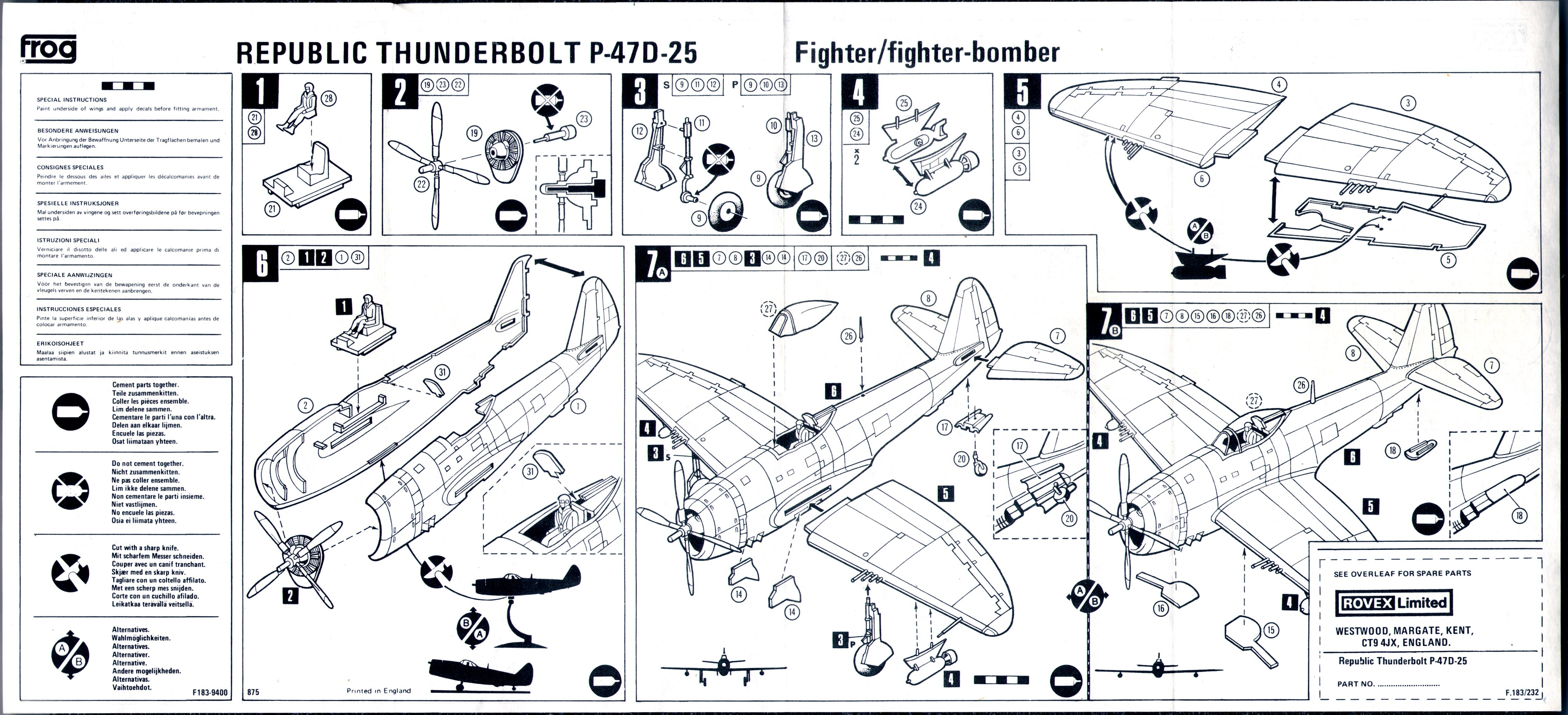 FROG F183 Blue Series  Thunderbolt - Fighter Bomber, Rovex Models & Hobbies, 1976 Assembly instruction
